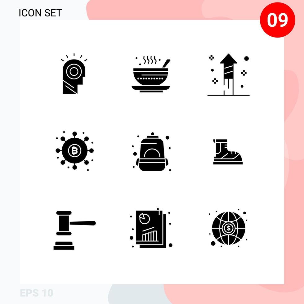 9 User Interface Solid Glyph Pack of modern Signs and Symbols of backpack money qehwa finance distribution Editable Vector Design Elements