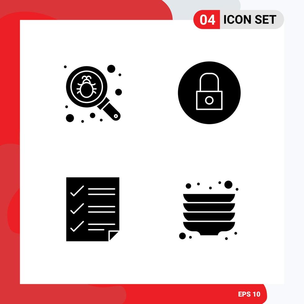 Modern Set of 4 Solid Glyphs Pictograph of bug data security media player page Editable Vector Design Elements