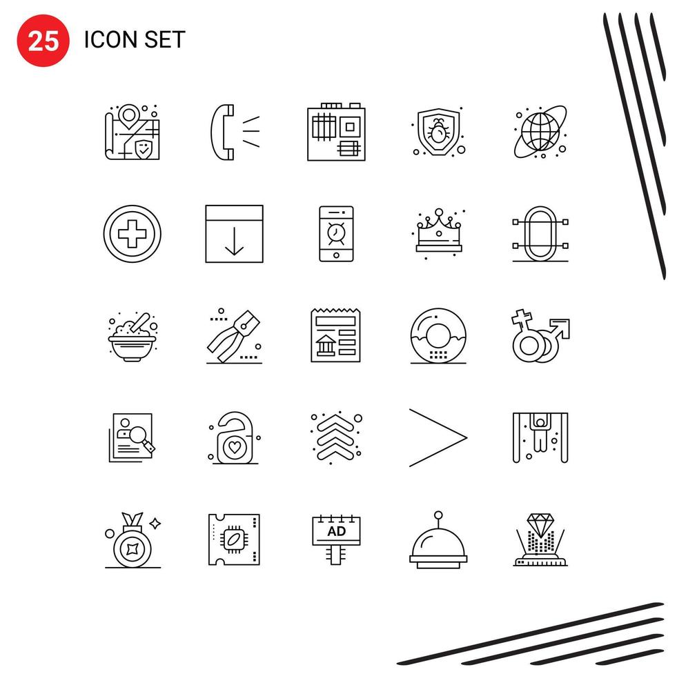 Universal Icon Symbols Group of 25 Modern Lines of regular earth globe hardware circular grid security Editable Vector Design Elements