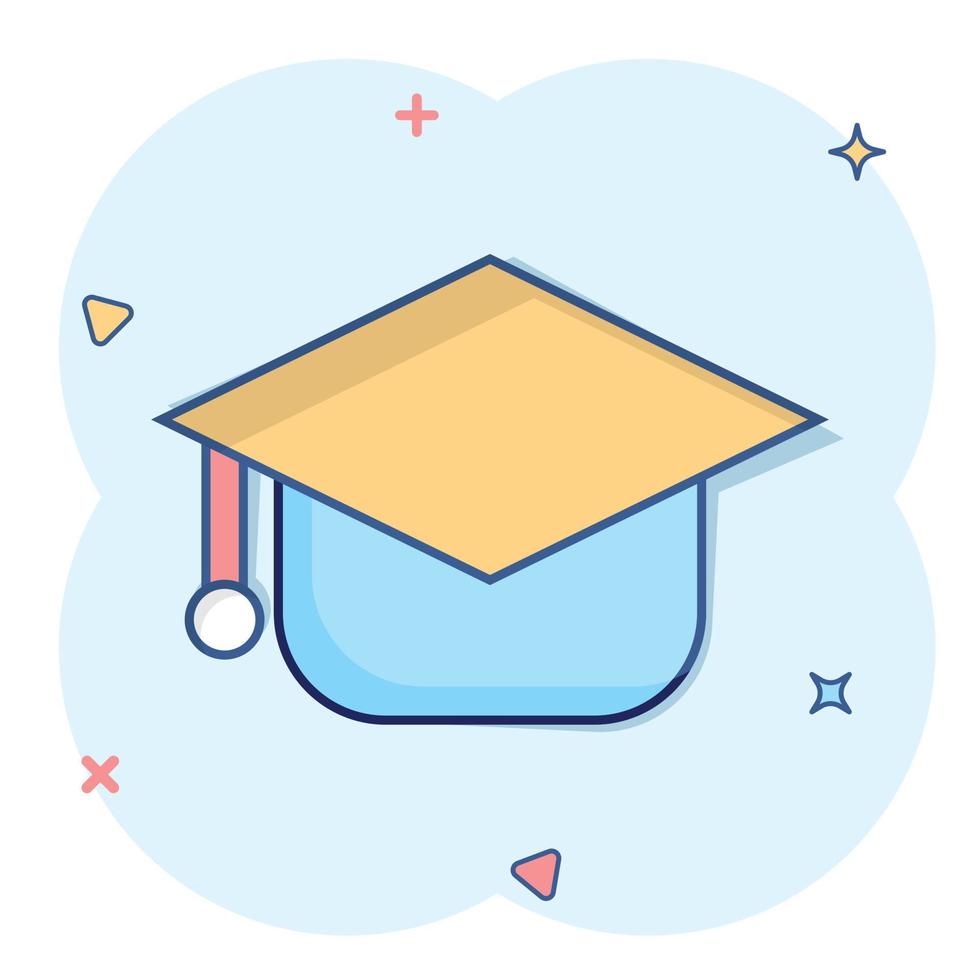 Graduation hat icon in comic style. Student cap cartoon vector illustration on white isolated background. University splash effect business concept.