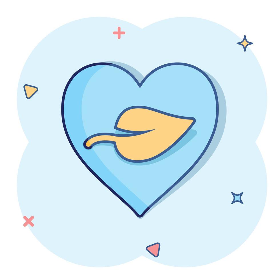 Heart and leaf icon in comic style. Vegan friendly cartoon vector illustration on white isolated background. Nature love splash effect sign business concept.