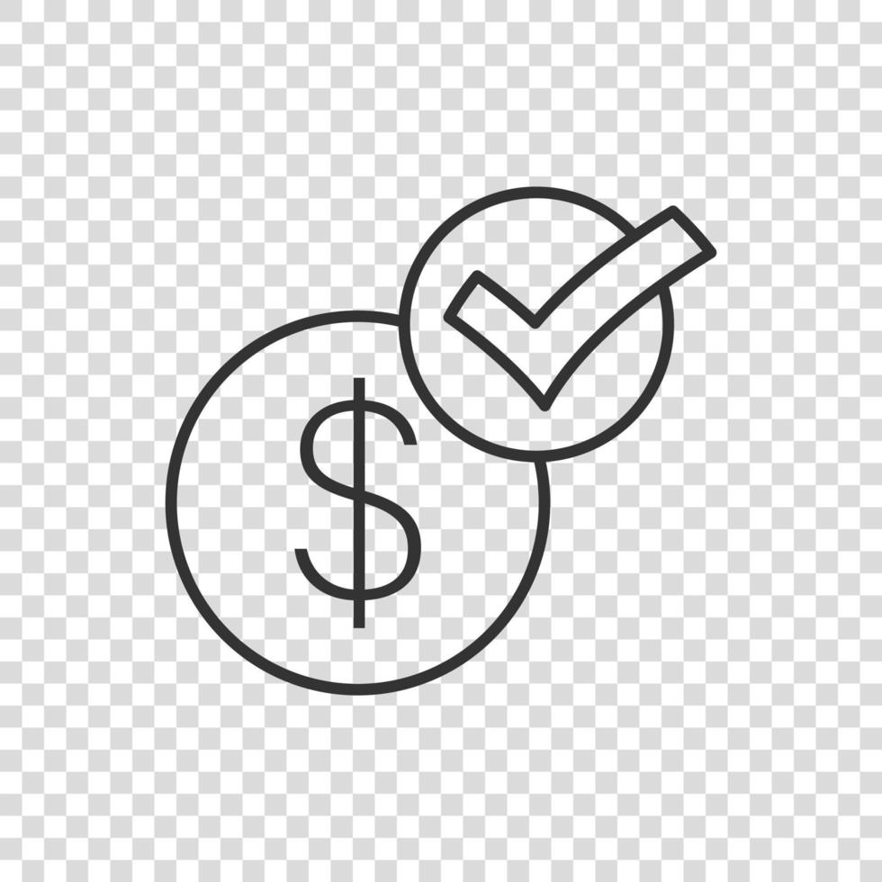 icono de marca de verificación de moneda en estilo plano. ilustración de vector de aprobación de dinero sobre fondo blanco aislado. confirmar el concepto de negocio.