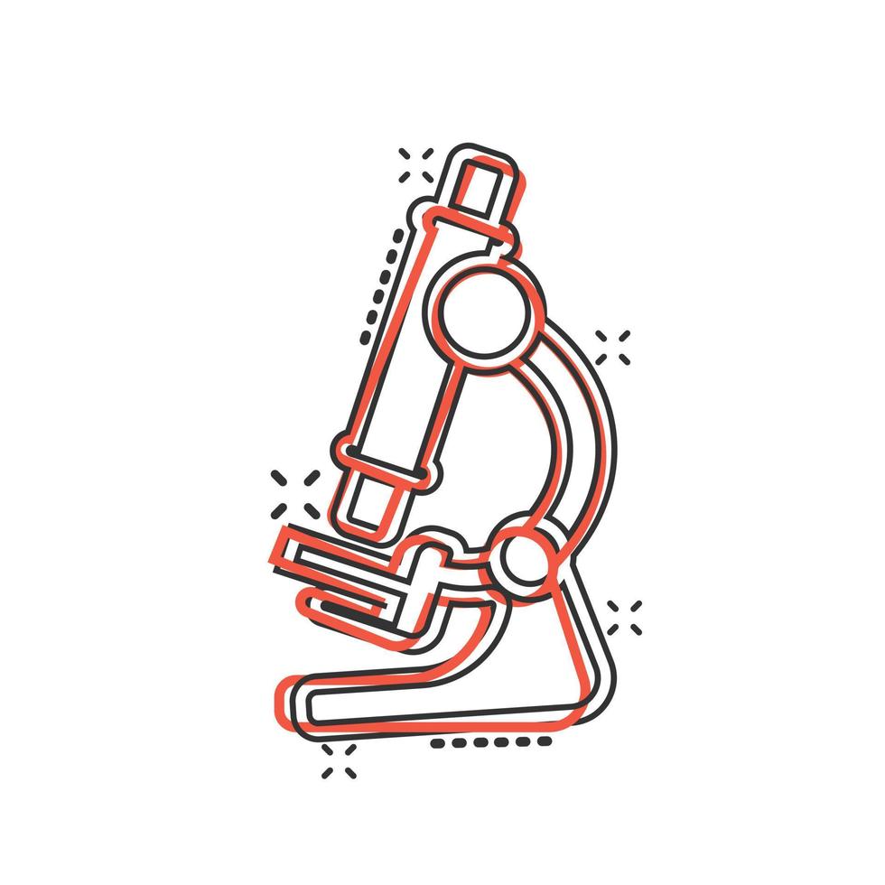Microscope icon in comic style. Laboratory magnifier cartoon vector illustration on isolated background. Biology instrument splash effect sign business concept.