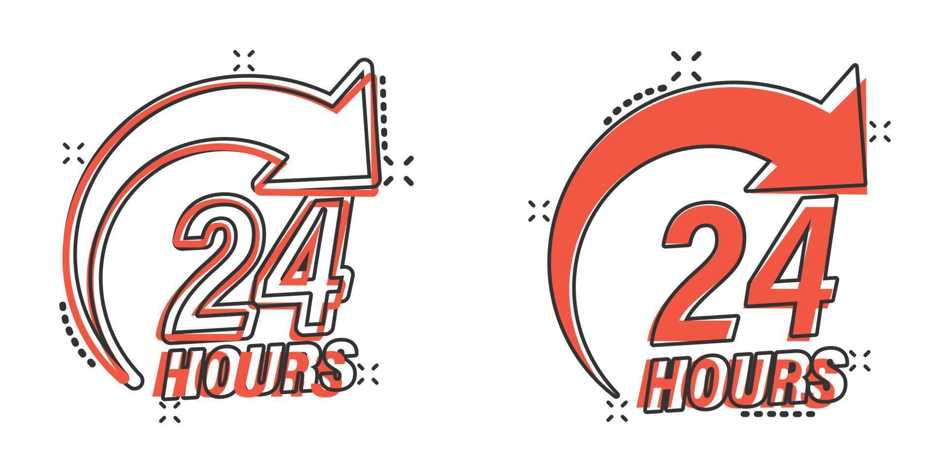 24 hours service icon in comic style. All day business and service cartoon vector illustration on isolated background. Quick service time splash effect sign business concept.