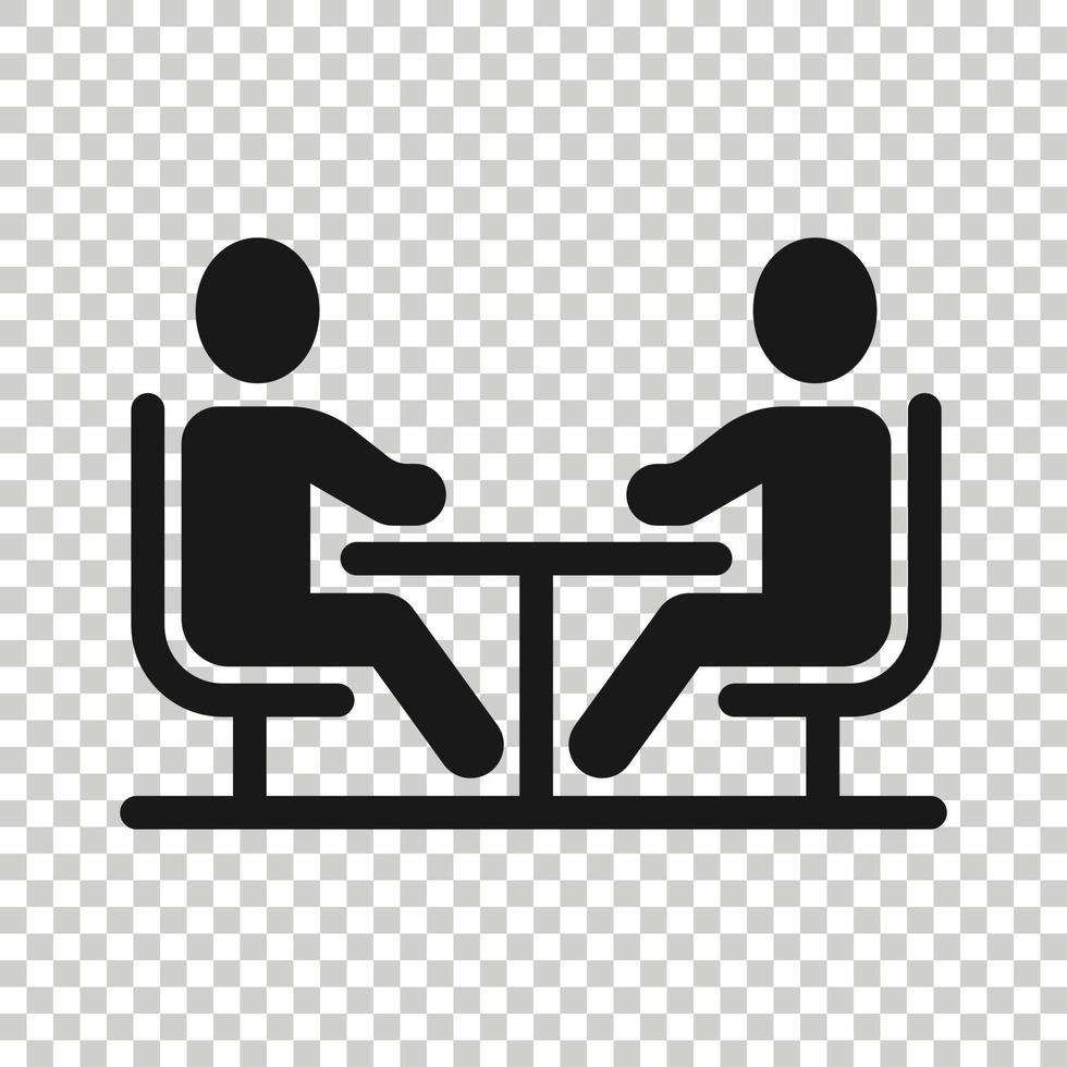 People with table icon in flat style. Teamwork conference vector illustration on white isolated background. Speaker dialog business concept.