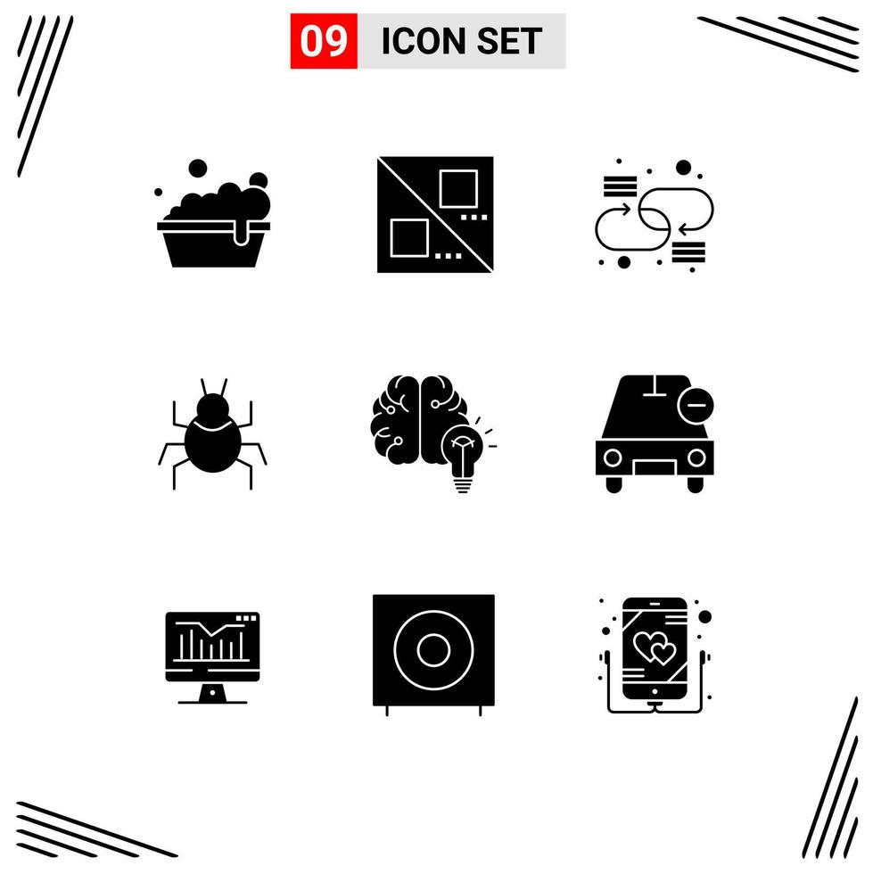 Editable Vector Line Pack of 9 Simple Solid Glyphs of mind business link idea virus Editable Vector Design Elements