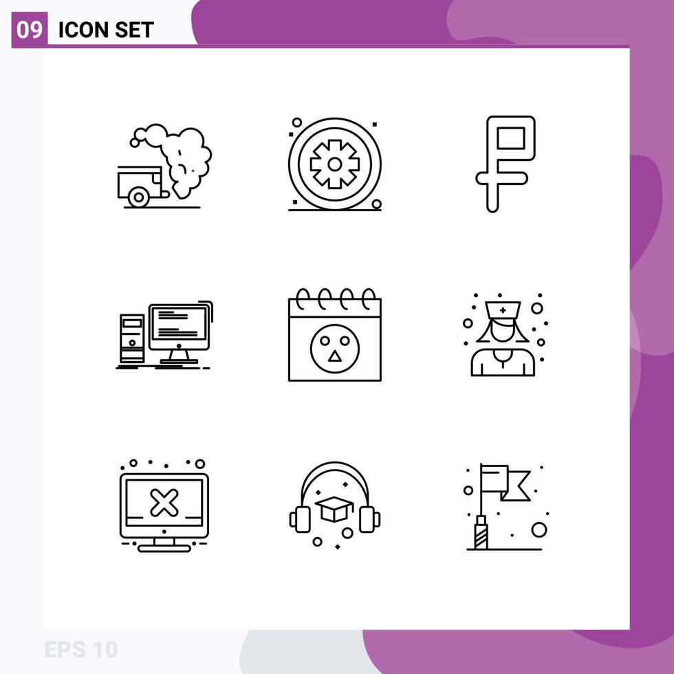 Editable Vector Line Pack of 9 Simple Outlines of calendar pc medical gaming computer Editable Vector Design Elements