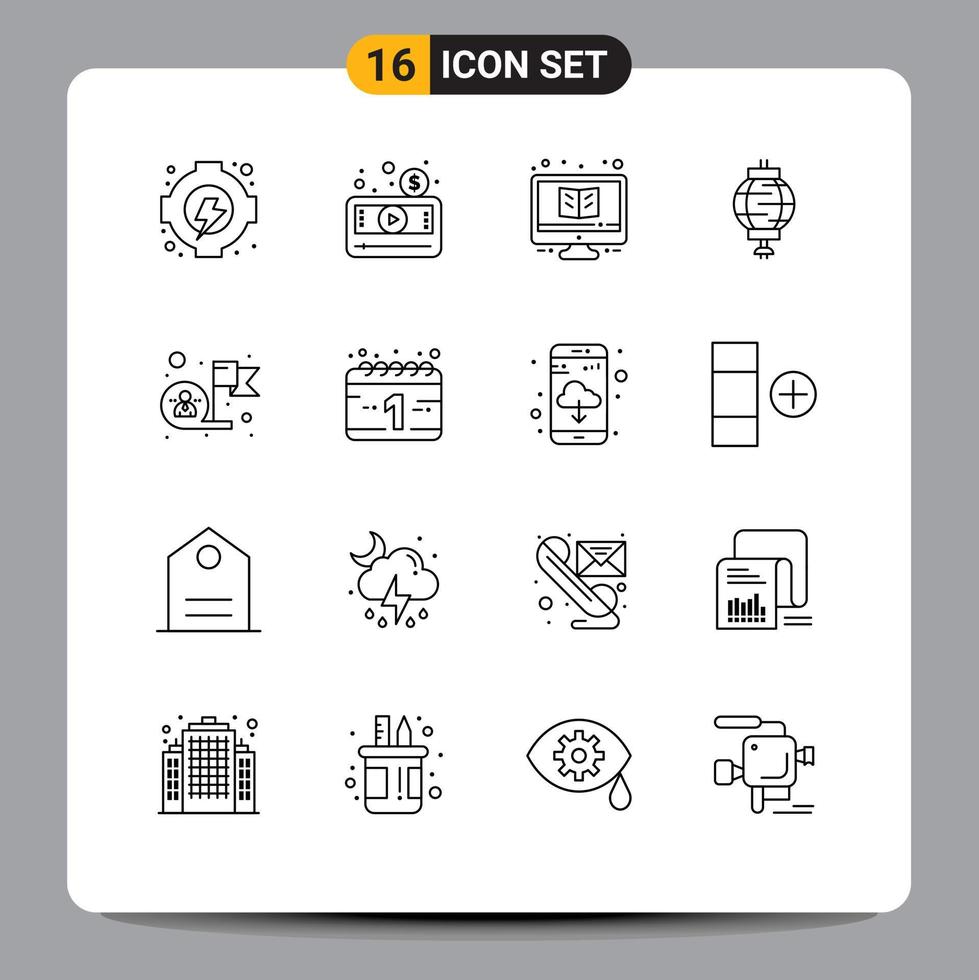 Pack of 16 Modern Outlines Signs and Symbols for Web Print Media such as achievement chinese learning china monitor Editable Vector Design Elements