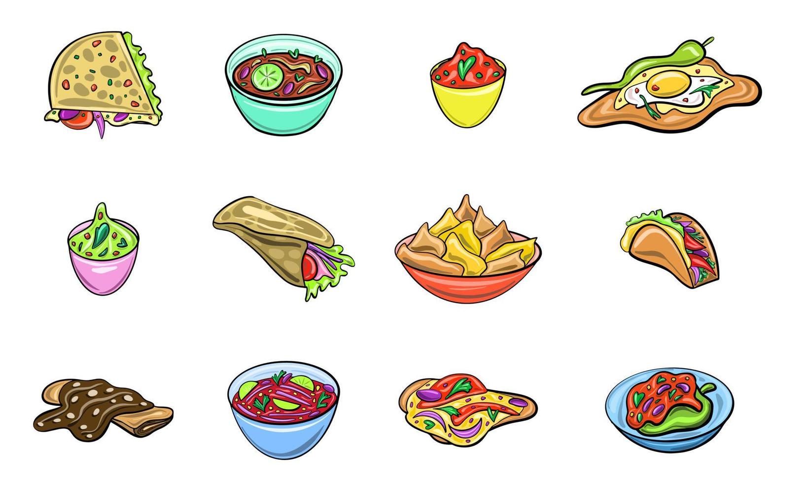 Vector Big set of mexican food in cartoon flat style. Icons of chili, nachos, tartilla, tacos.