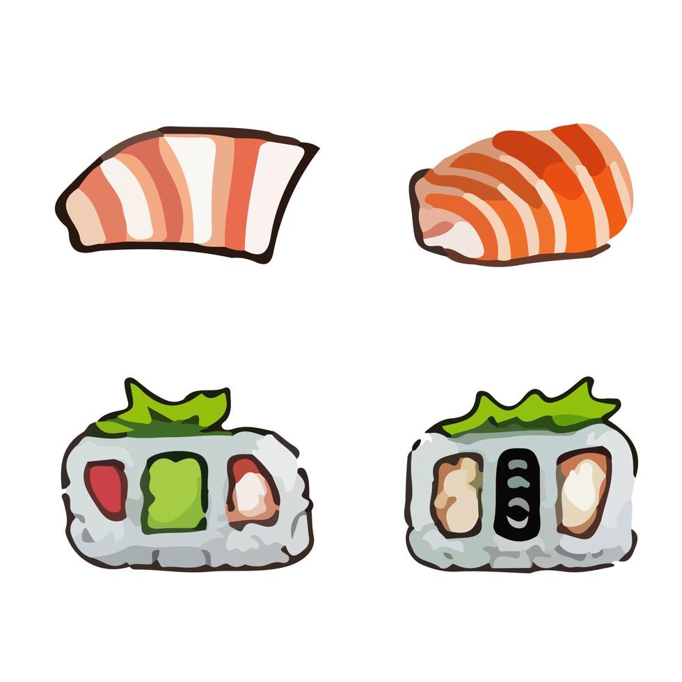 juego de sushi rollos, gunkan, temaki e ikura. gran conjunto de varios tipos diferentes de sushi aislado sobre fondo blanco. vector