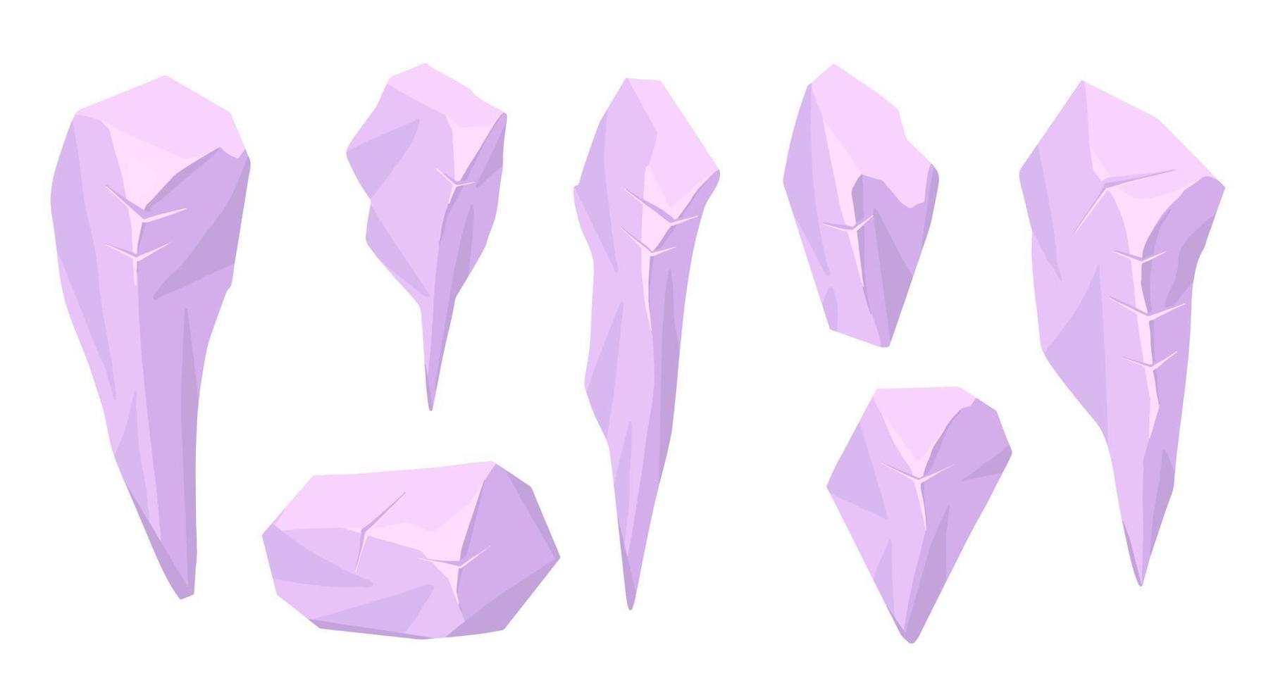 Collection of Pink violet crystals. Vector 2d illustration of stones. Magic decorations for games.