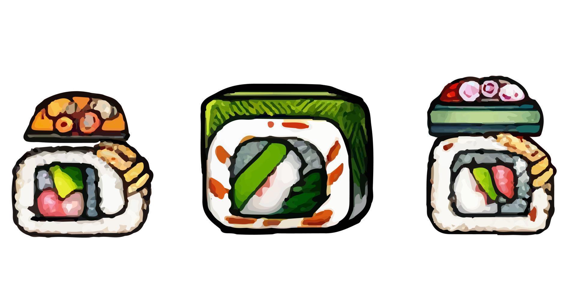 rollos, gunkan, temaki e inari. gran conjunto de varios tipos diferentes de sushi aislado sobre fondo blanco. vector