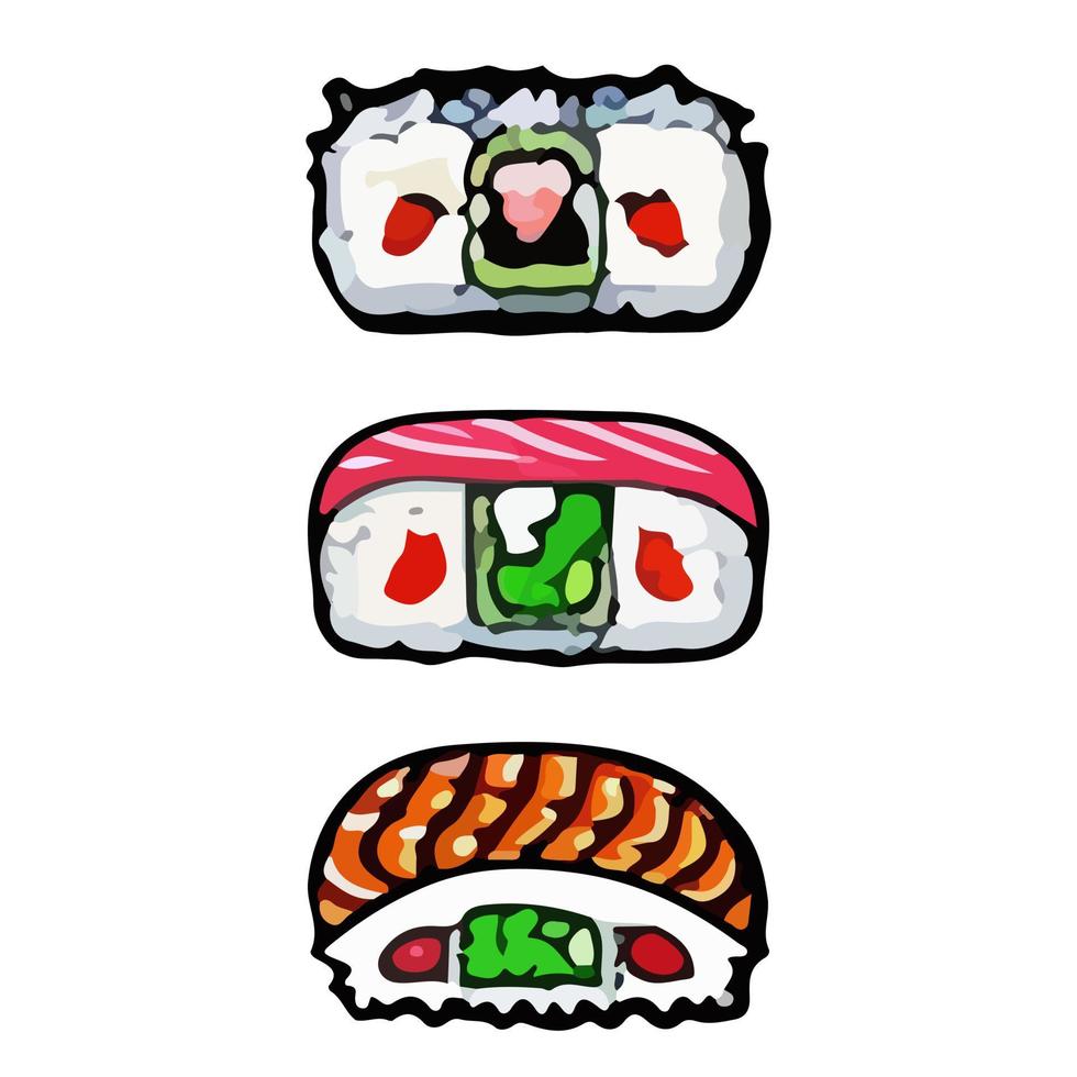 juego de sushi rollos, gunkan, temaki e ikura. gran conjunto de varios tipos diferentes de sushi vector