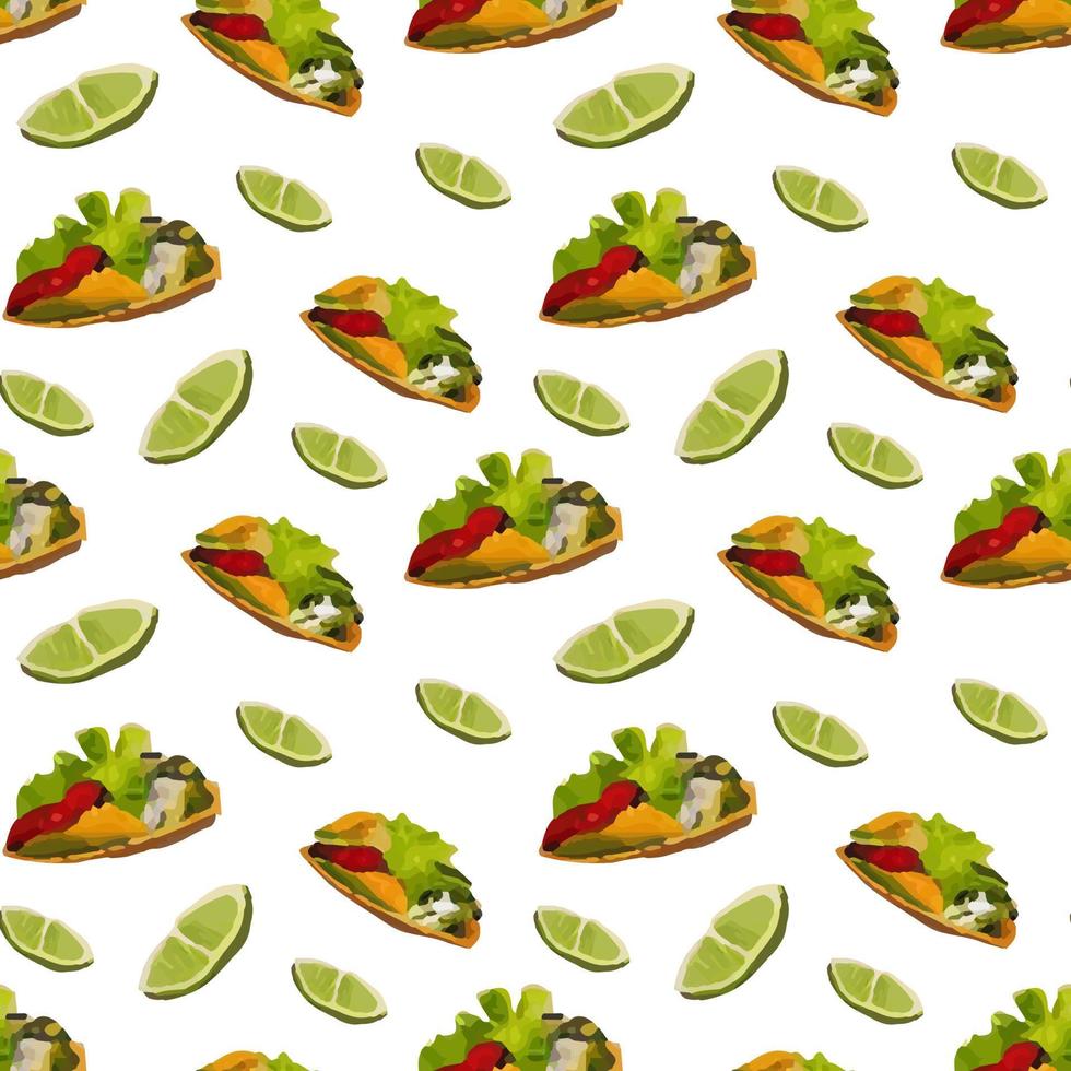 Pattern with Mexican traditional dishes. Taco, burrito, lime. Seamless pattern in cartoon style. vector