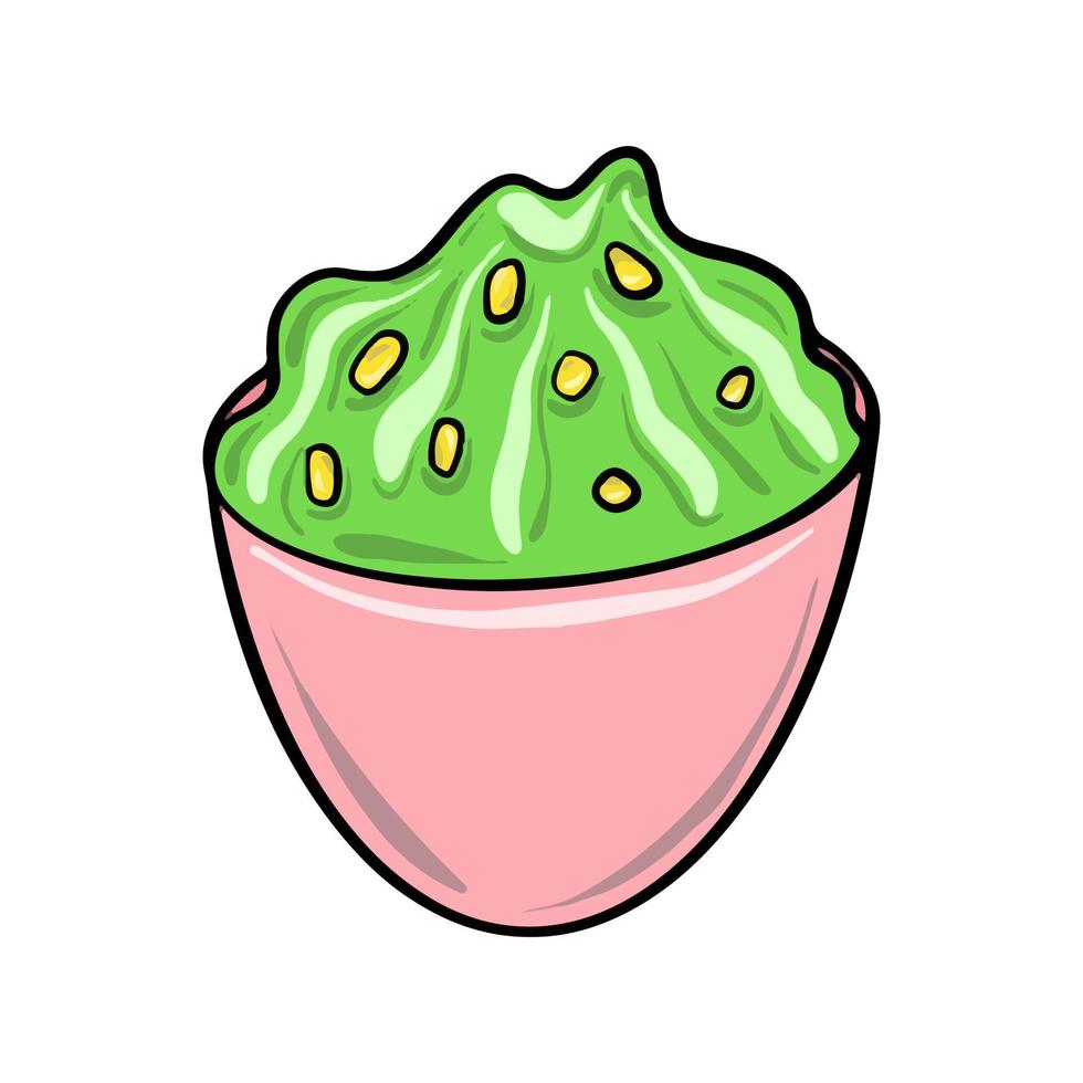 Vector Guacamole in a pink bowl. Mexican fast food. Sauce illustration in cartoon flat style.