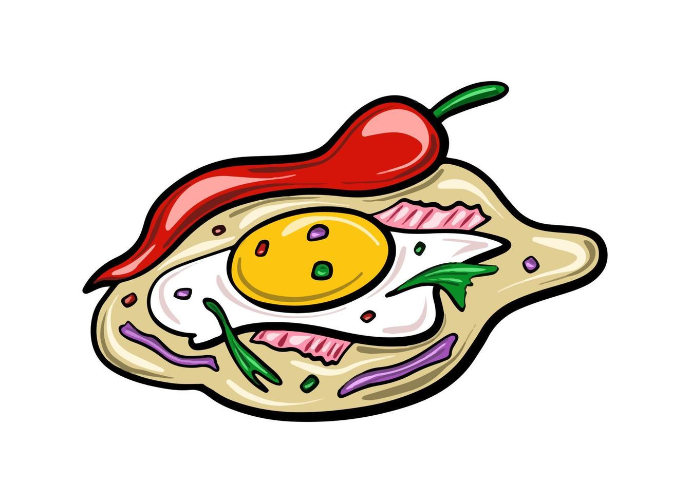 Burrito de comida tradicional mexicana vectorial con huevos y chiles dibujados en un estilo de caricatura plana. vector