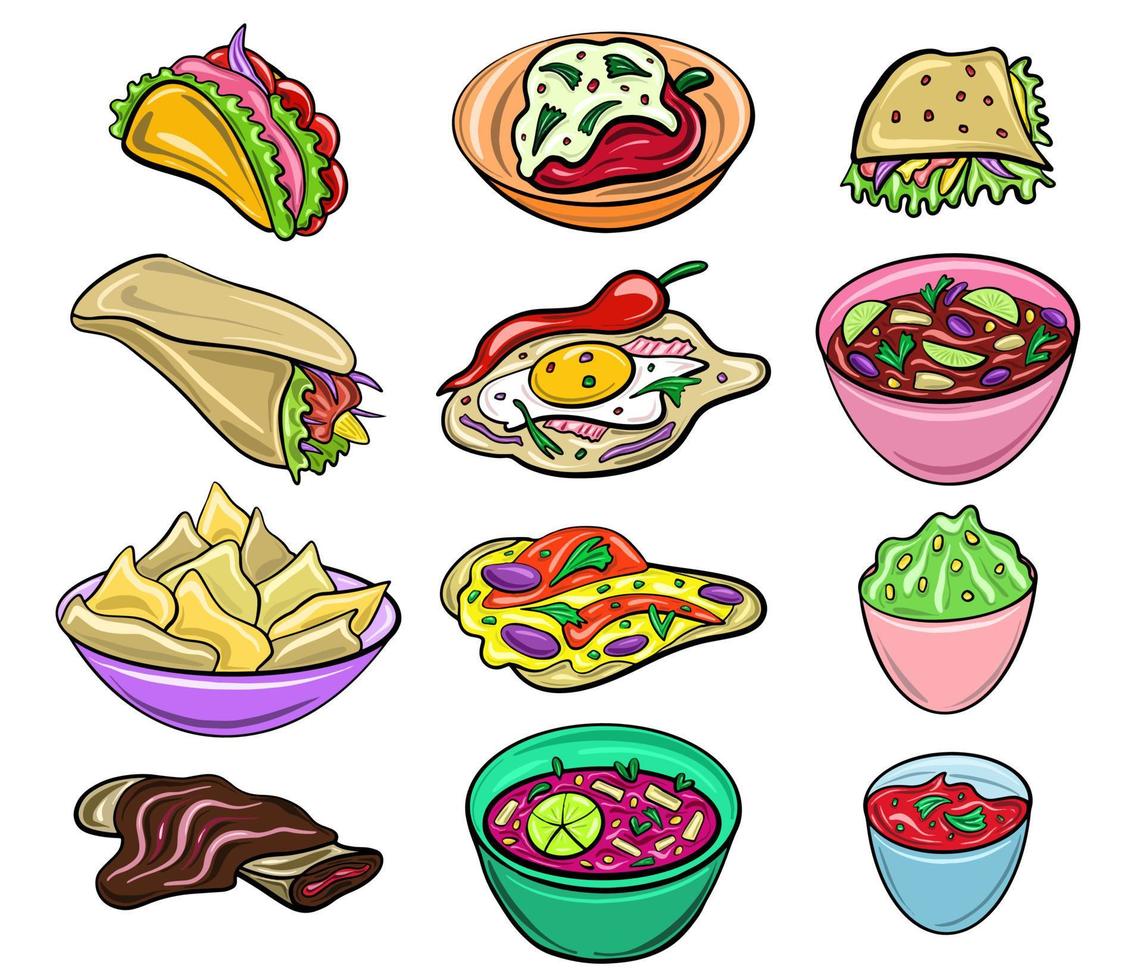 Vector Big set of mexican food in cartoon flat style. Icons of chili, nachos, tartilla, tacos.