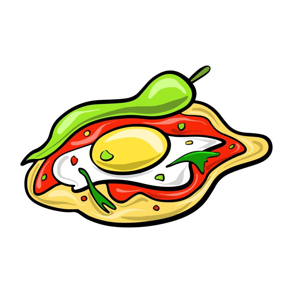 Burrito de comida tradicional mexicana vectorial con huevos y chiles dibujados en un estilo de caricatura plana. vector