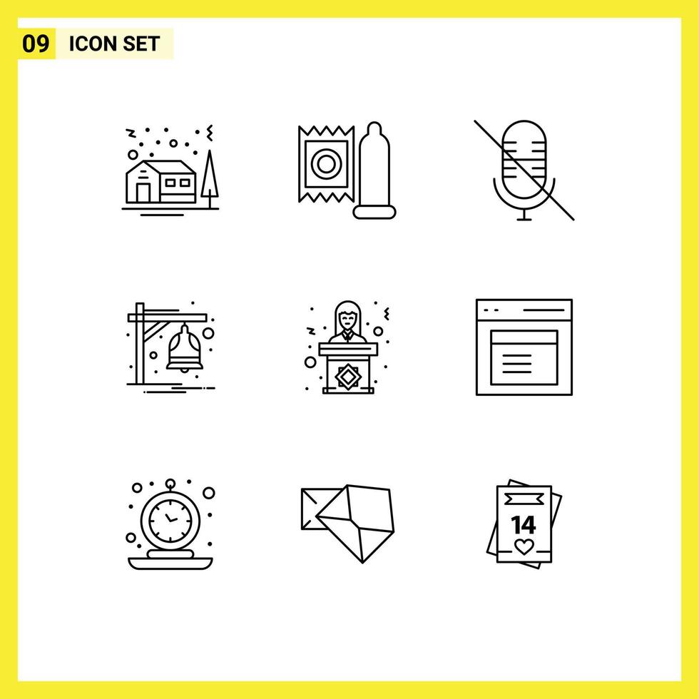 Universal Icon Symbols Group of 9 Modern Outlines of tribune politician mic train bell Editable Vector Design Elements