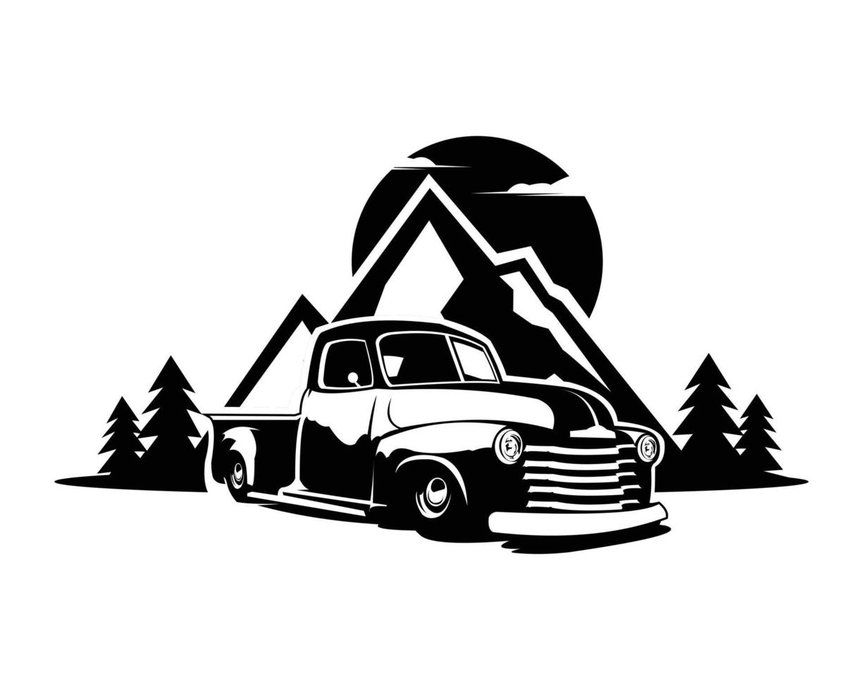 Mountain Chevy Truck silhouette isolated on white background showing from side. Best for logo, badge, emblem, icon, design sticker, trucking industry. vector illustration eps 10.