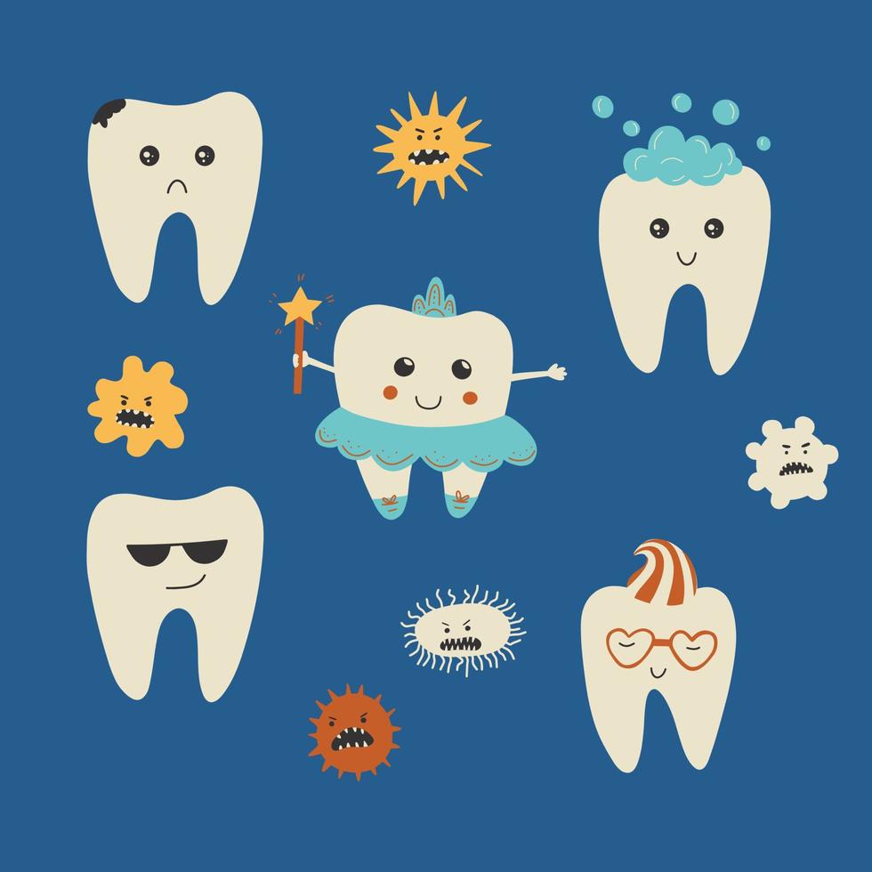 Cute kawaii teeth characters with toothbrush and toothpaste. Doodle vector illustration