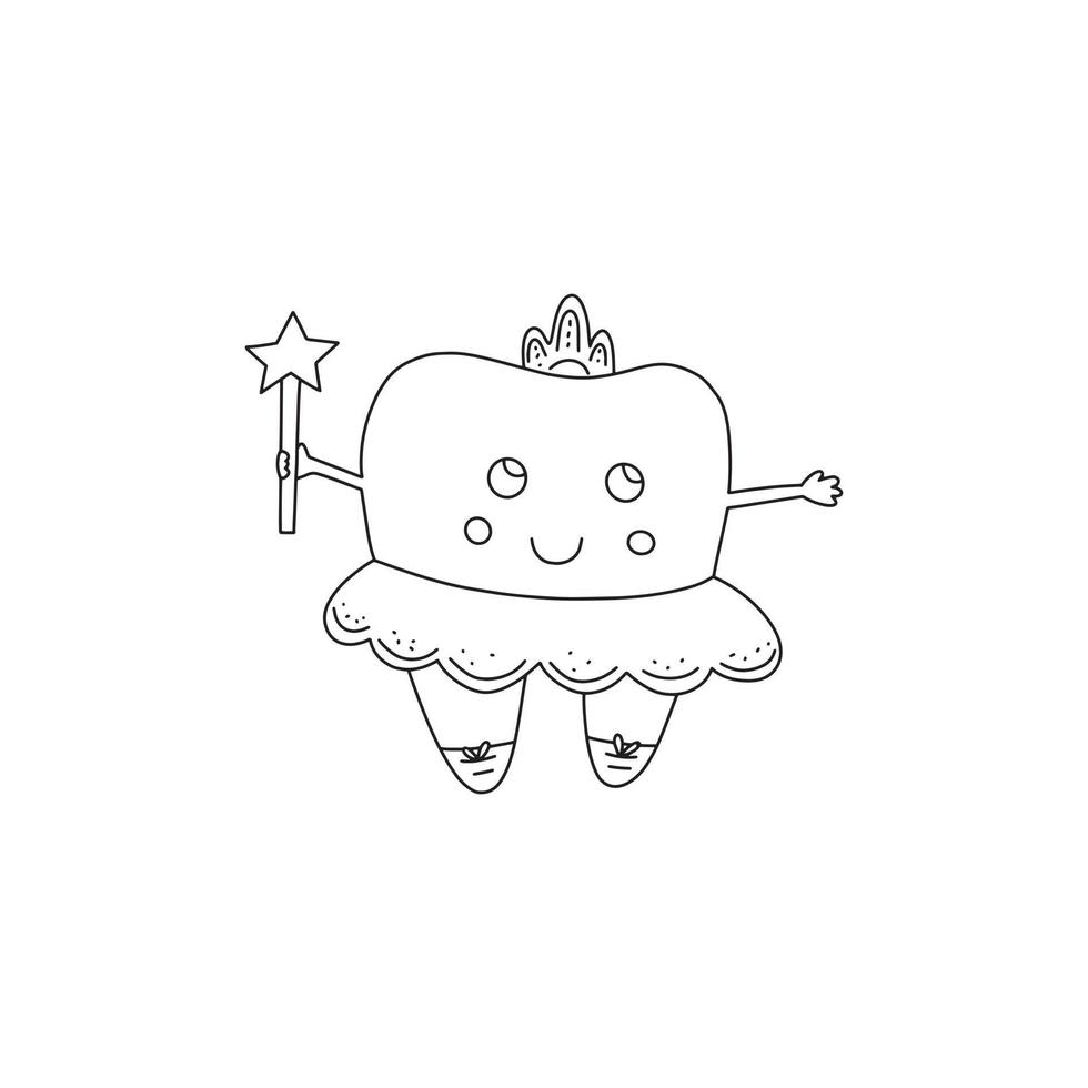 Funny tooth fairy doodle for coloring on white background vector