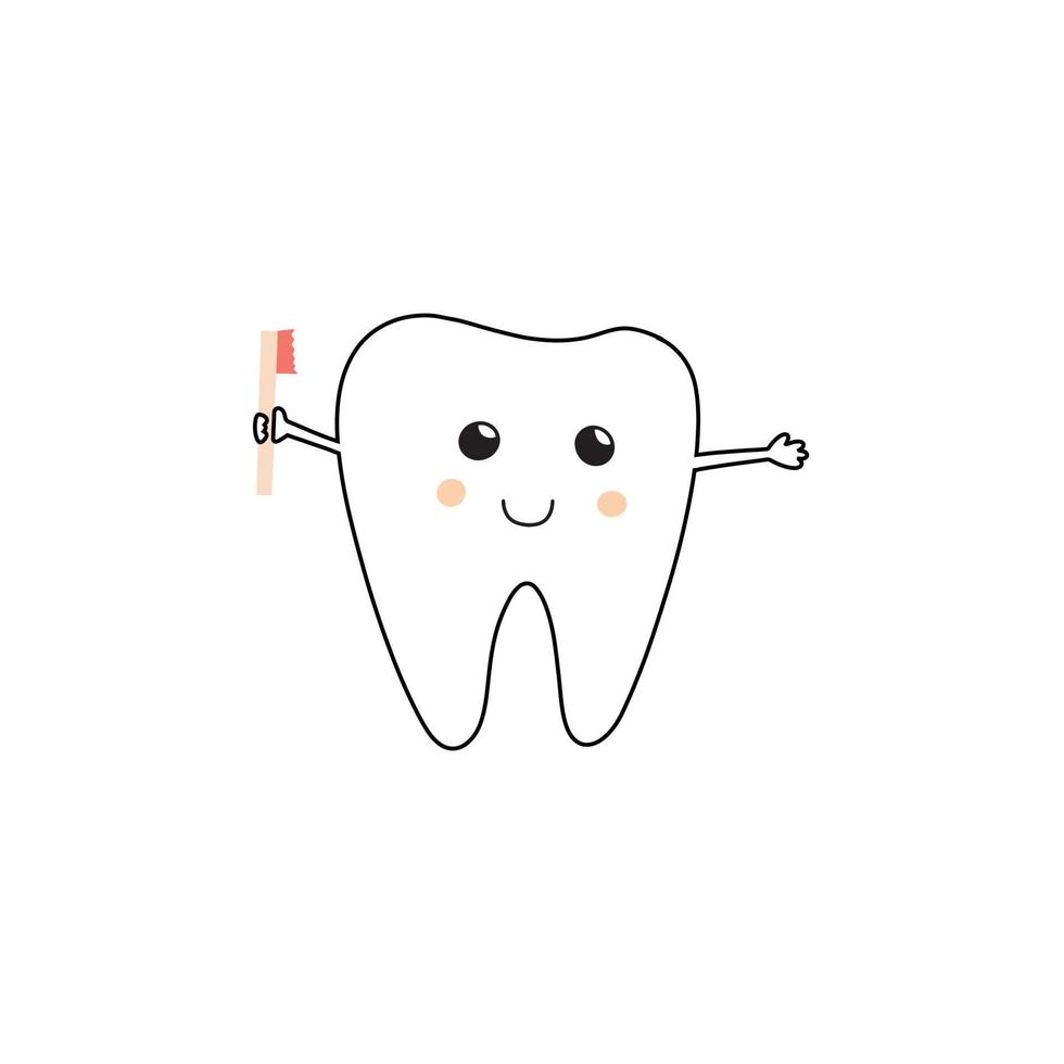 Funny tooth with tooth brush doodle vector illustration isolated on white background