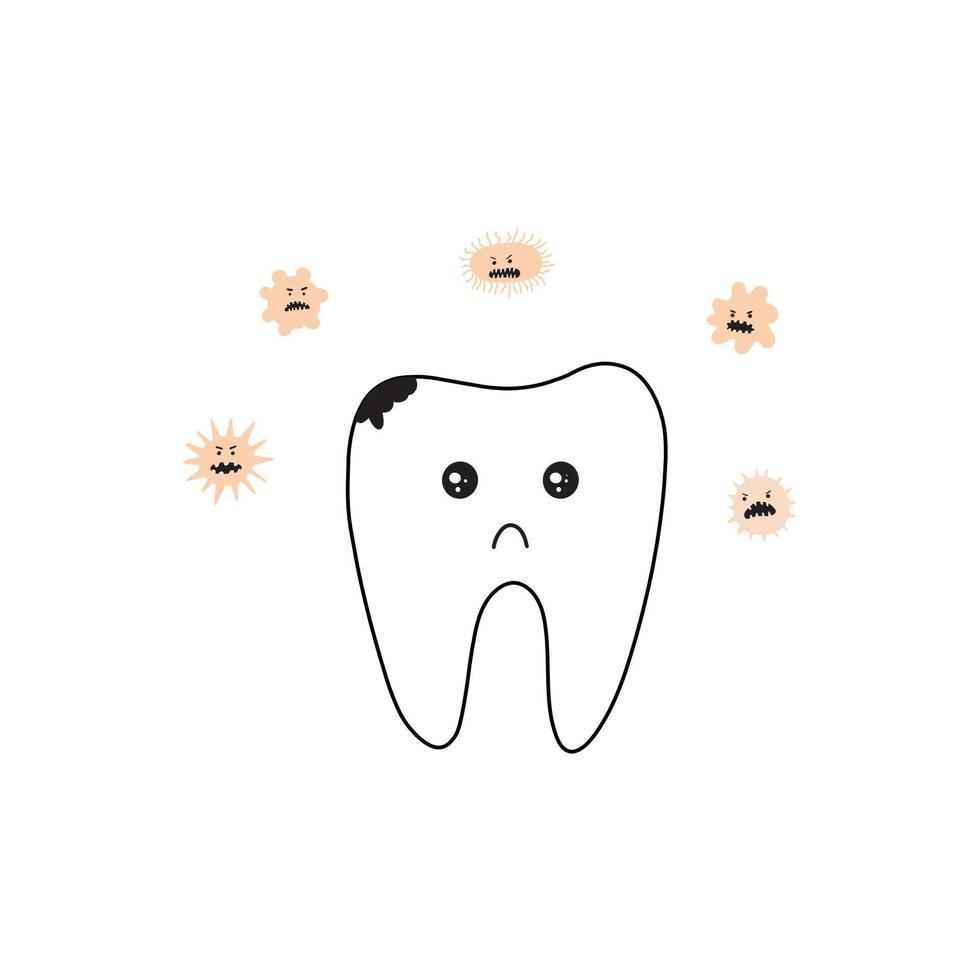 Funny Tooth with caries doodle vector illustration. Isolated on white background