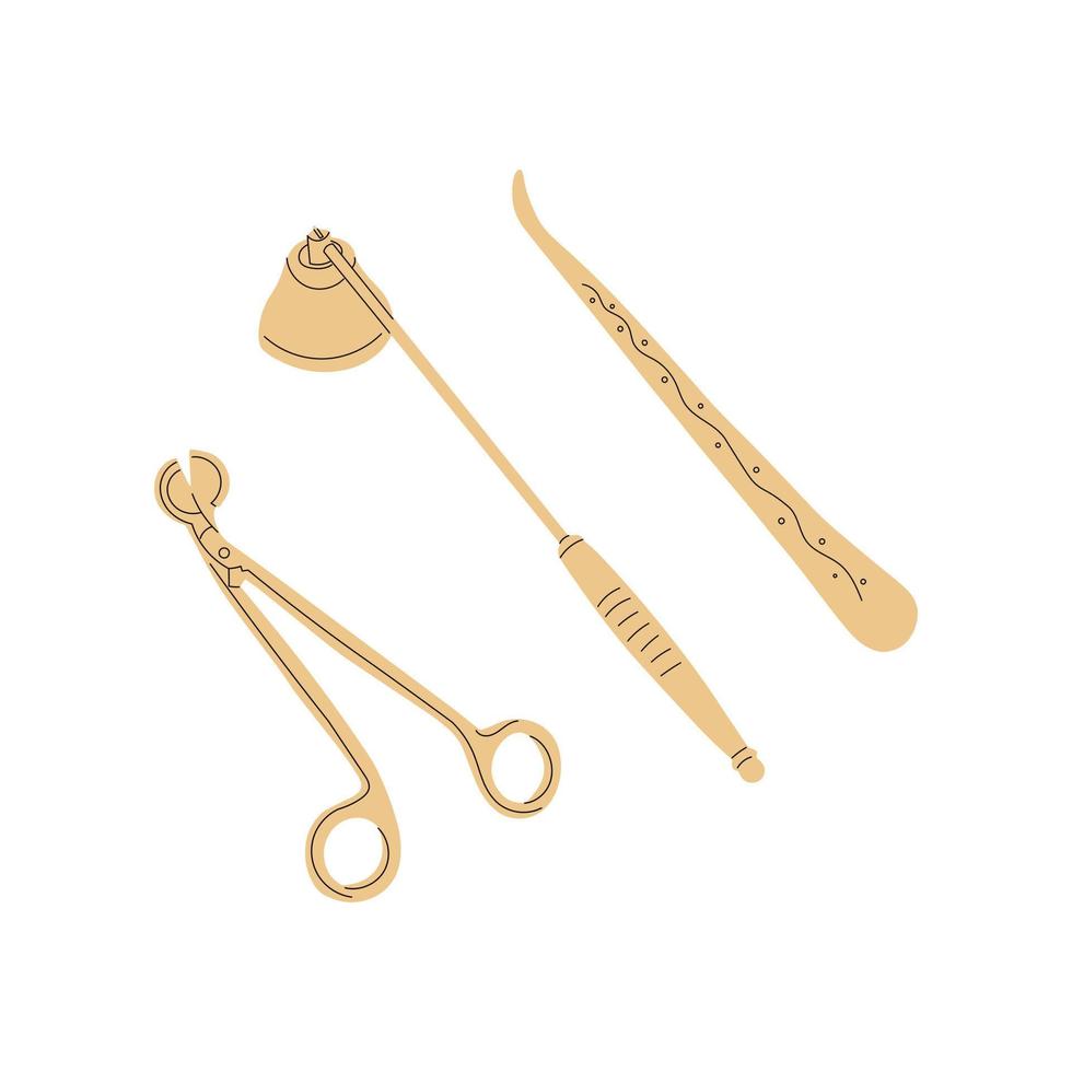 Hand drawn candle accessory set. Doodle trimmer, wick dipper and snuffer vector