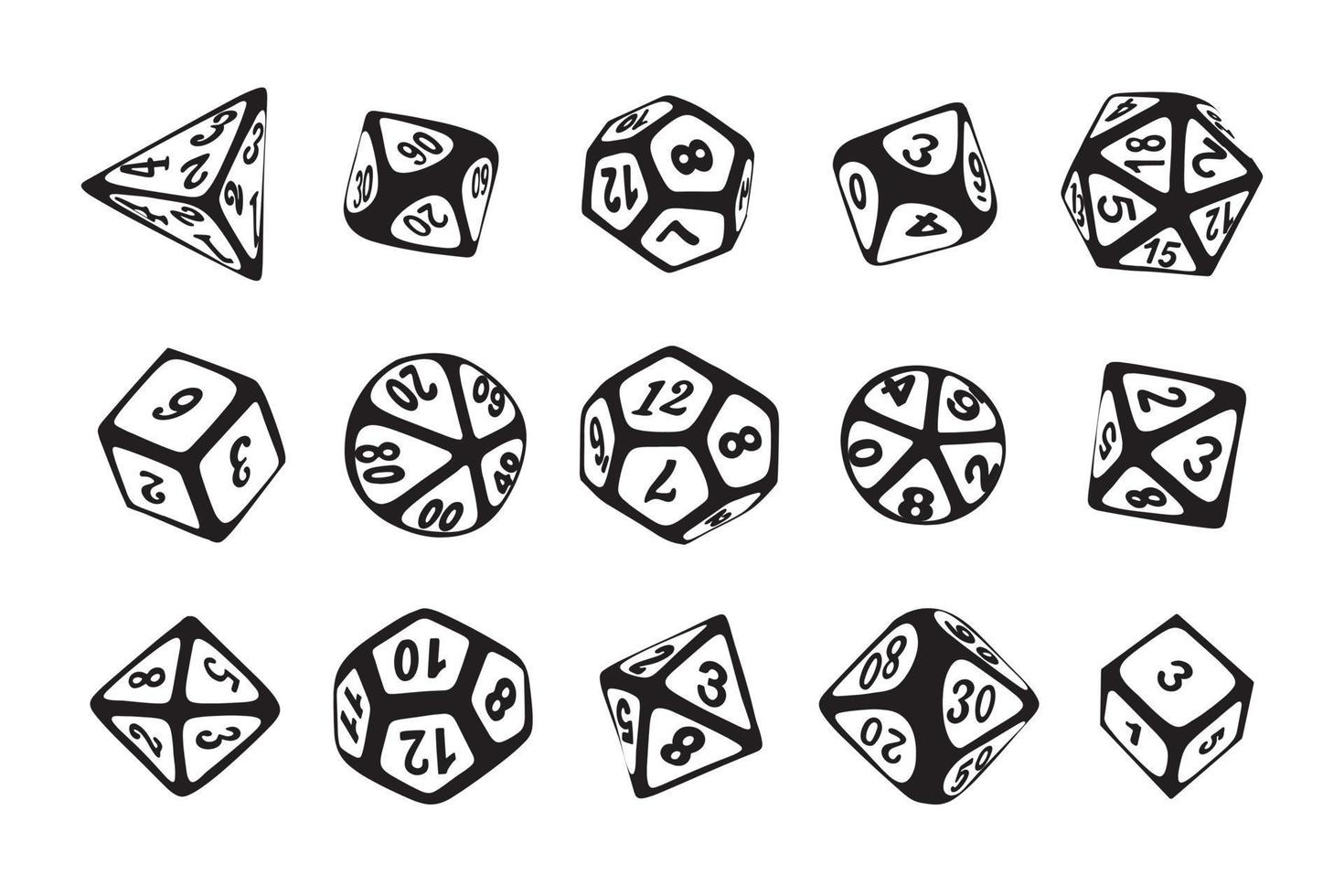 Vector icon set of dice for boardgames in doodle style black-white colors