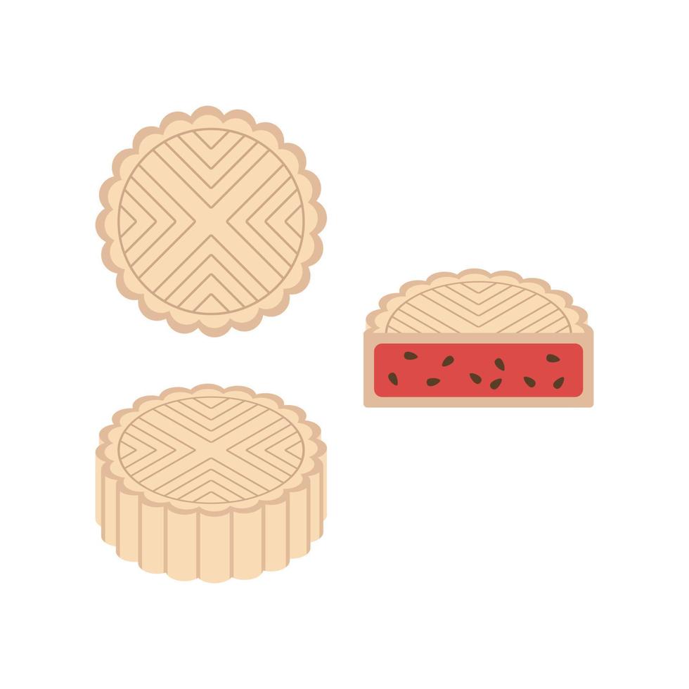 Set of whole and a half cut slice of baked Chinese mooncake. Asian dessert vector illustration