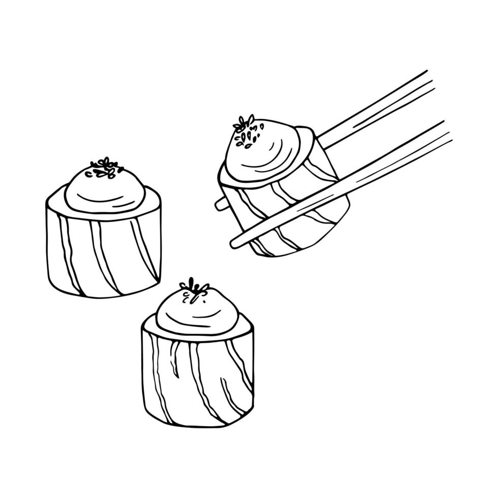 rollos de sushi japoneses dibujados a mano con palillos. ilustración de doodle de comida asiática vector