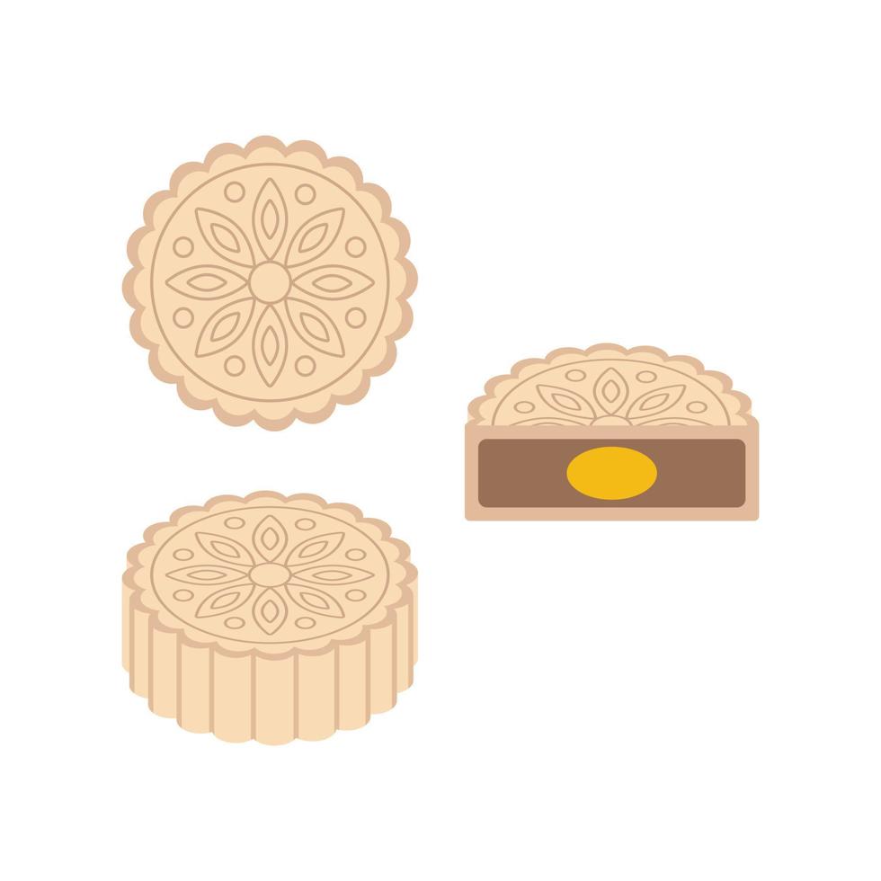 Set of whole and a half cut slice of baked Chinese mooncake. Asian dessert vector illustration