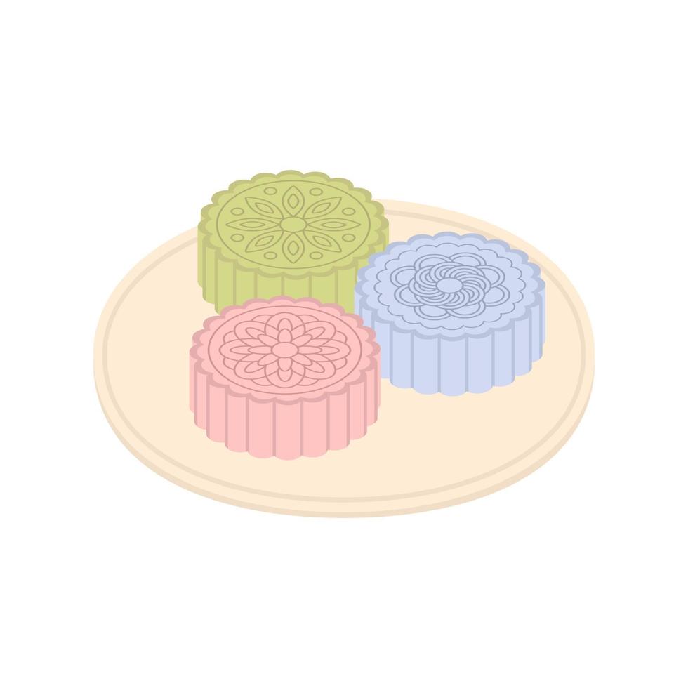 conjunto de pasteles de luna chinos de colores de árbol en un plato. Ilustración de vector de postre asiático