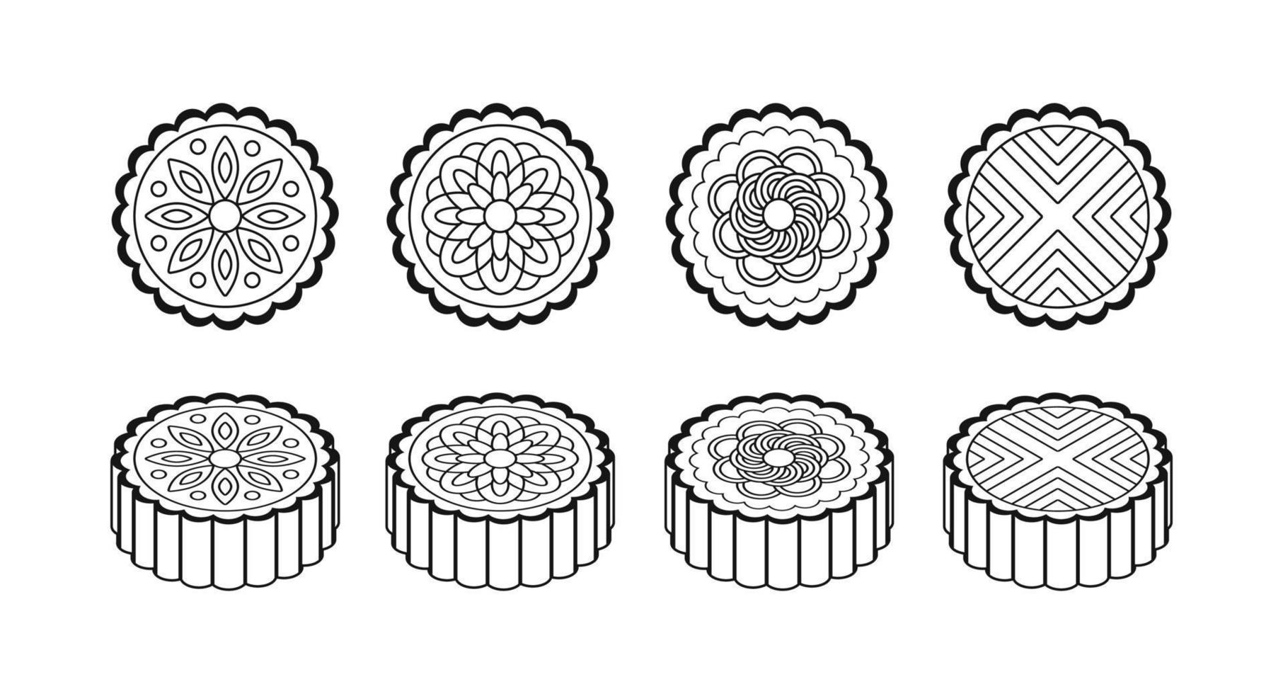 conjunto de diferentes pasteles de luna chinos en color negro. ilustración de vector de comida asiática tradicional