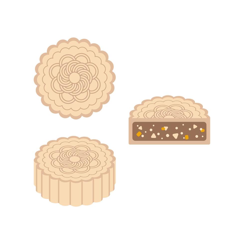 Set of whole and a half cut slice of baked Chinese mooncake. Asian dessert vector illustration