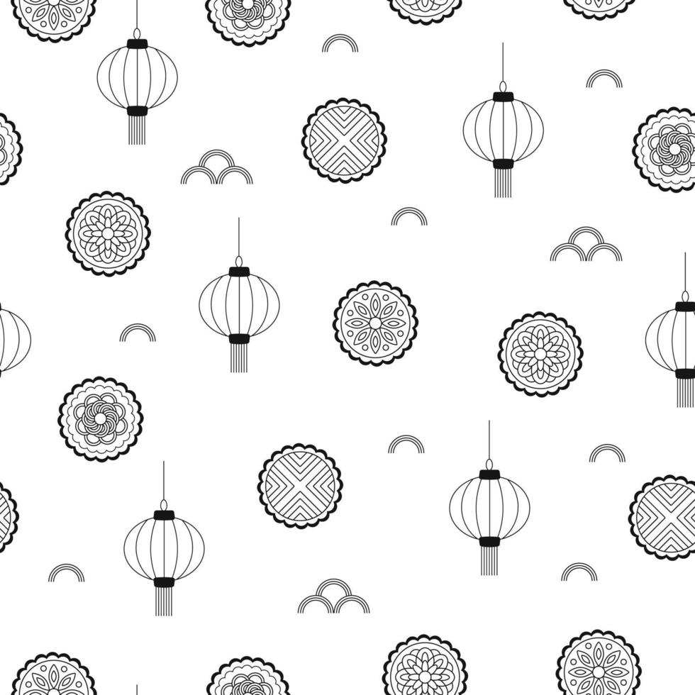 Mooncake and lantern seamless pattern. Asian food design for fabric, home textile, wrapping paper vector