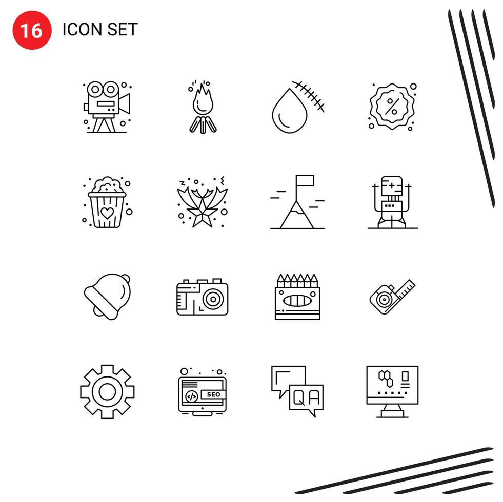 Outline Pack of 16 Universal Symbols of sale badge camping wound cut Editable Vector Design Elements