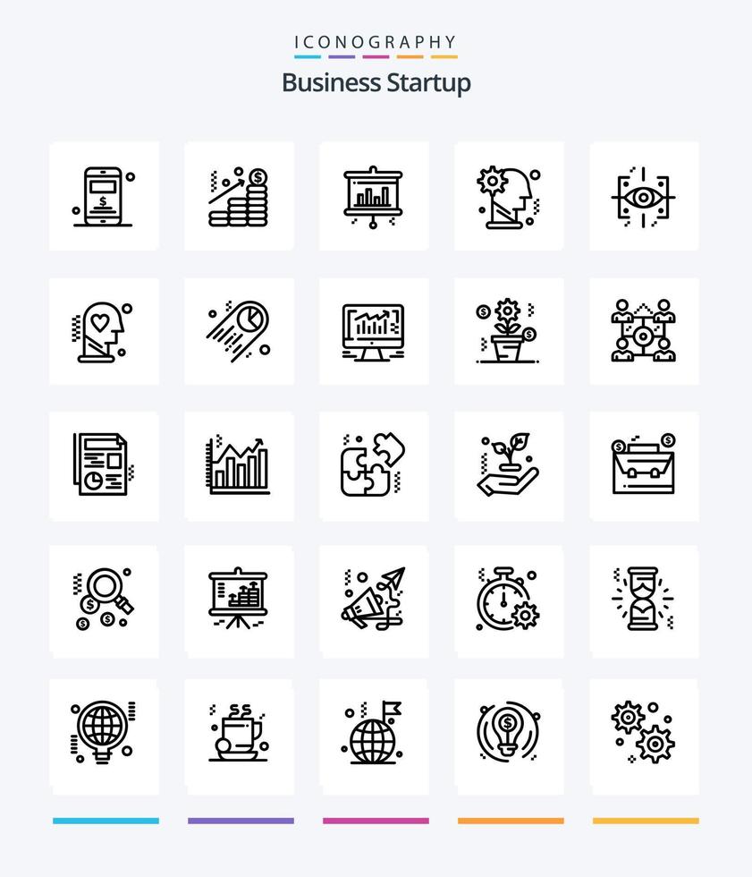 Creative Business Startup 25 OutLine icon pack  Such As mechanism . gear . graph. brain . screen vector