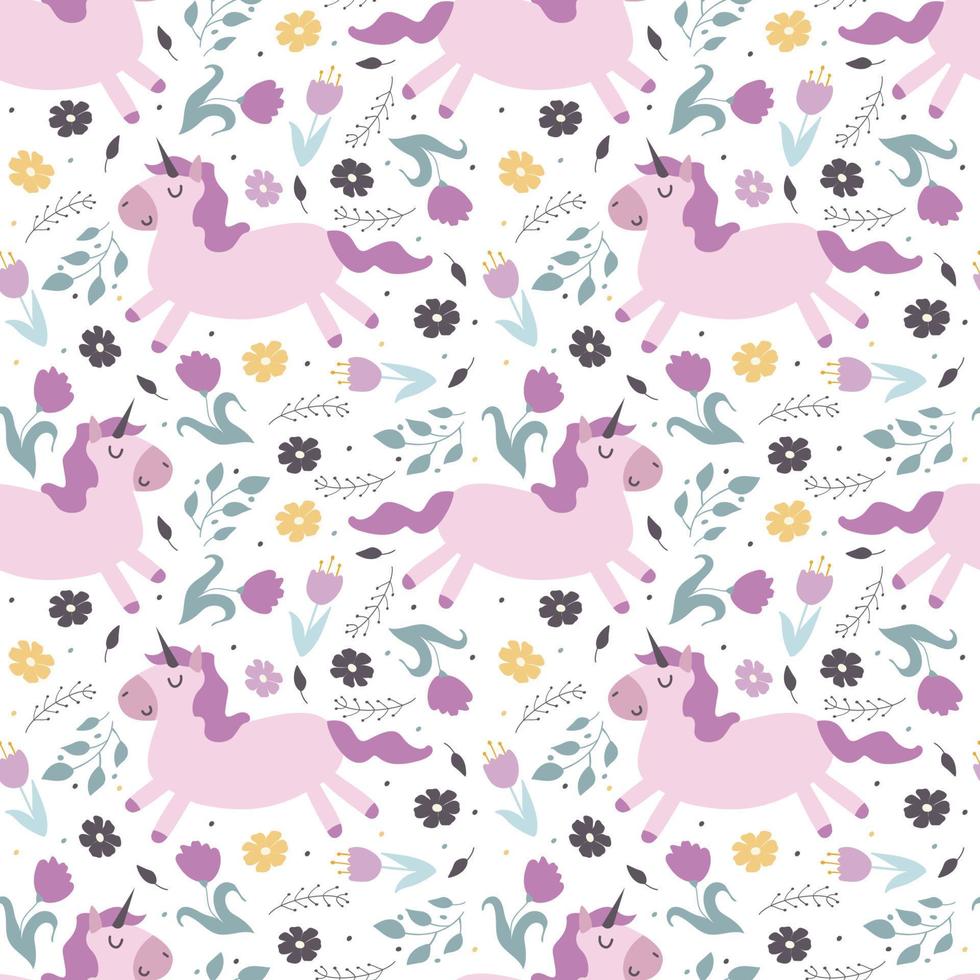 Unicorn and flowers. Seamless pattern, vector illustration