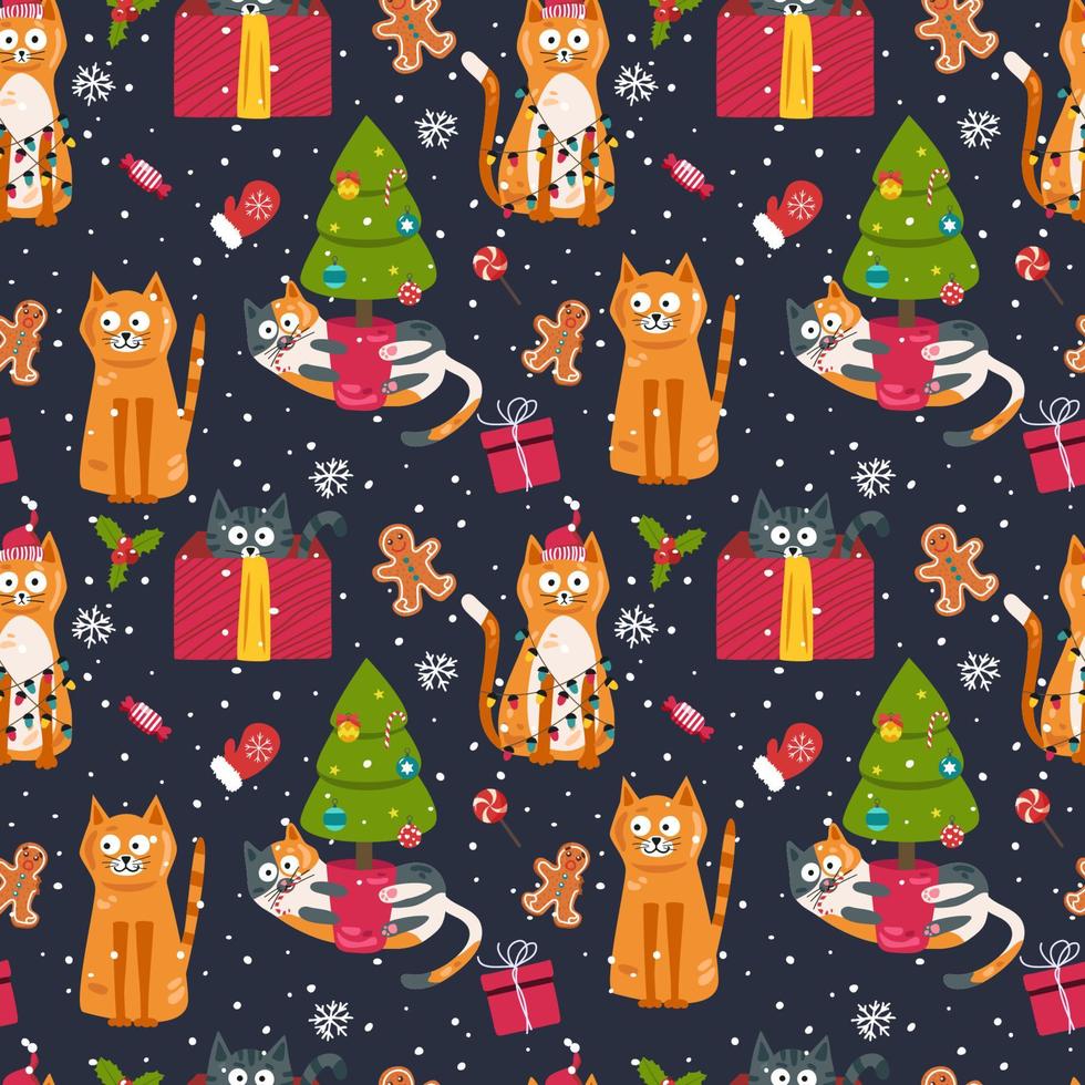 Cats for the new year. Seamless pattern, vector illustration