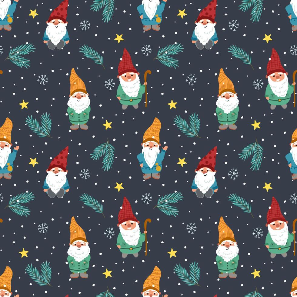 Gnomes and branches of a Christmas tree. Seamless pattern, vector illustration