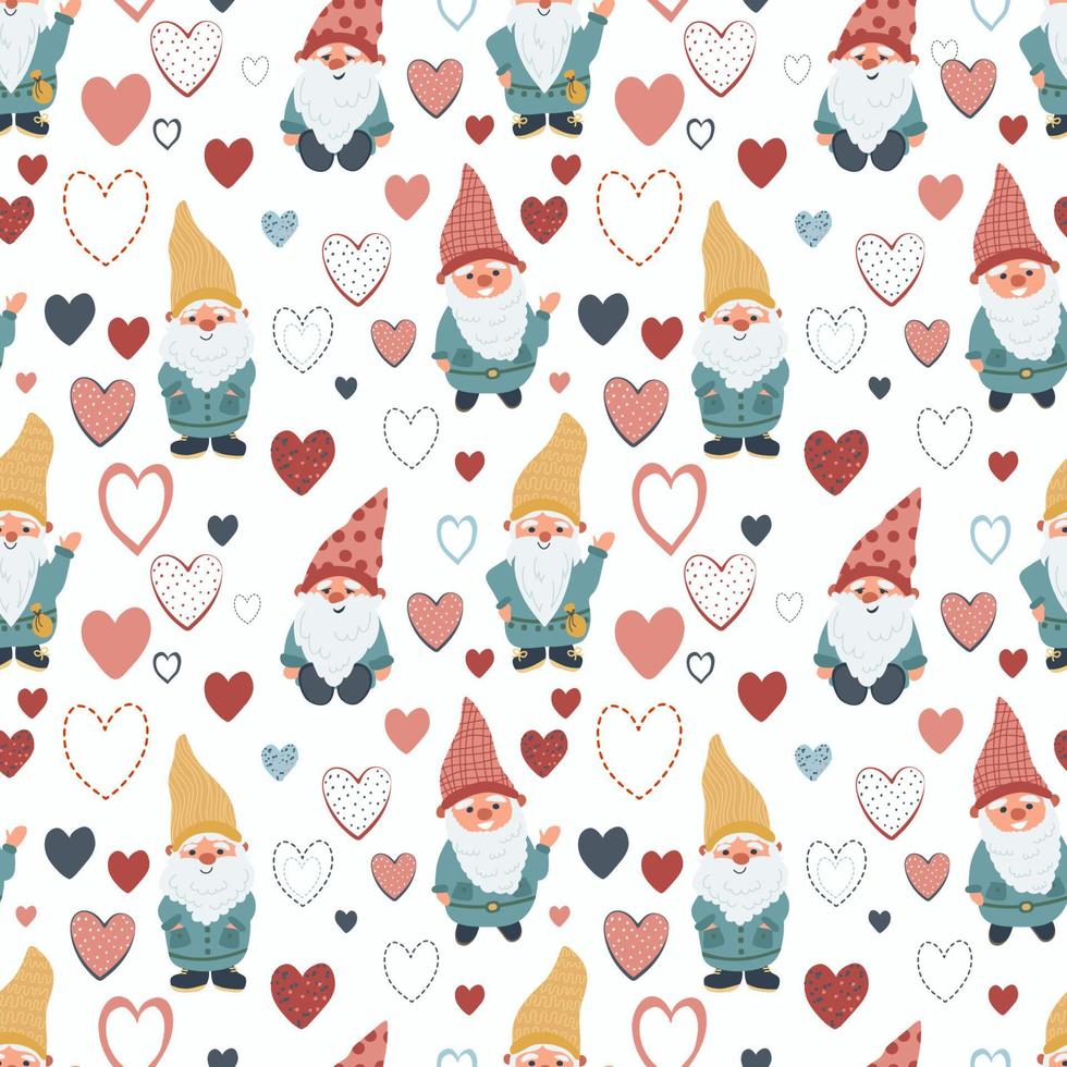 Gnomes and hearts. Seamless pattern, vector illustration