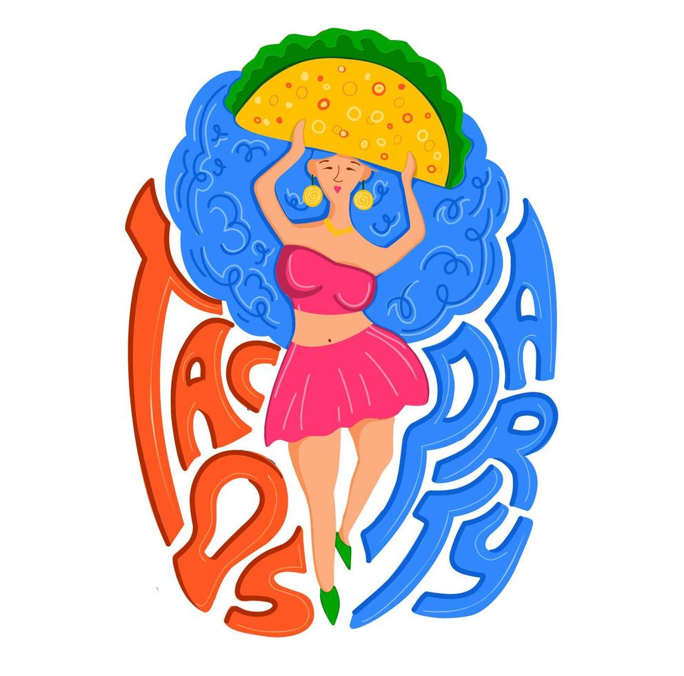 tacos cocina mexicana. ilustración de una niña y un taco. estampado moderno para imprimir en camisetas y postales vector