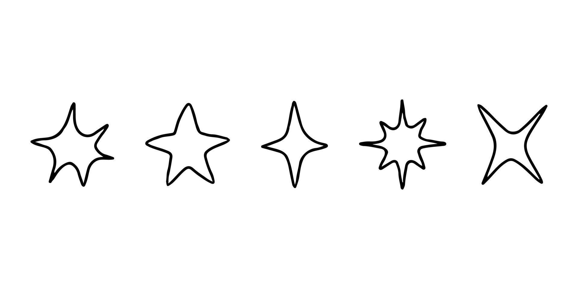 Different star doodle shape, hand draw sketch. Line stars set. Vector illustration