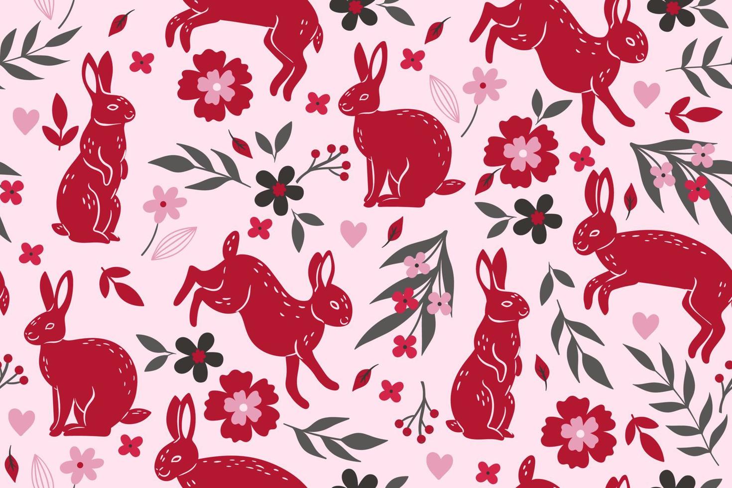 Seamless pattern for valentine's day with rabbits and flowers. Vector graphics.