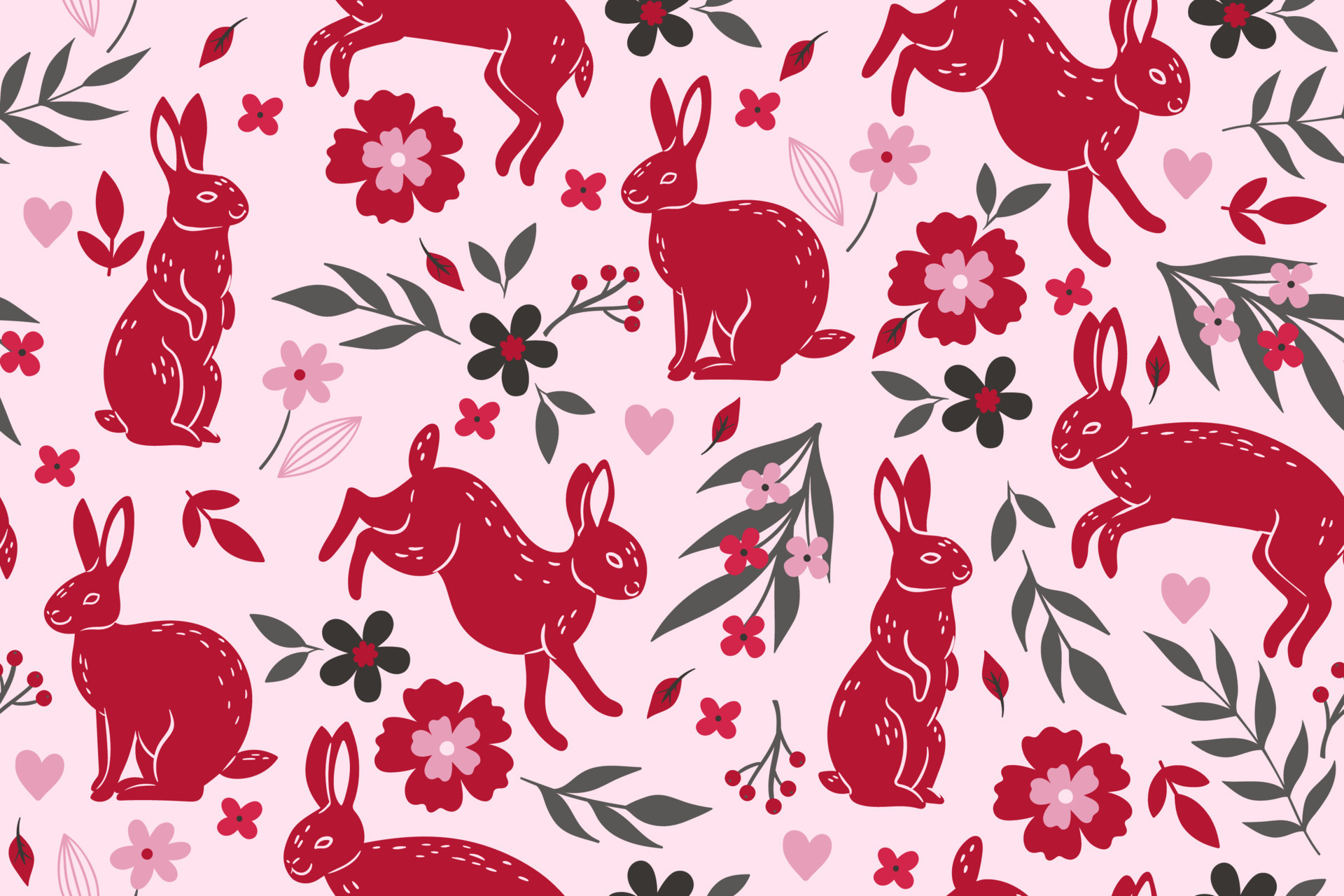 Seamless pattern for valentine's day with rabbits and flowers. Vector ...