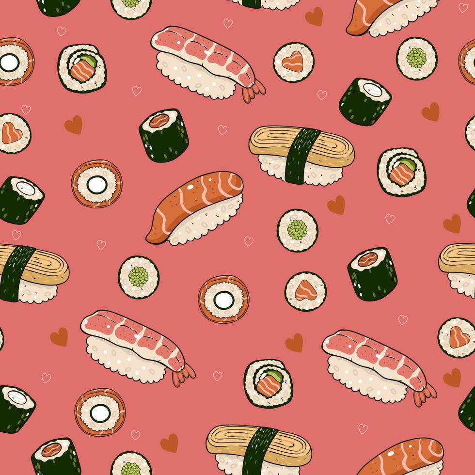 patrón impecable con sushi con corazones sobre un fondo rosa. gráficos vectoriales vector