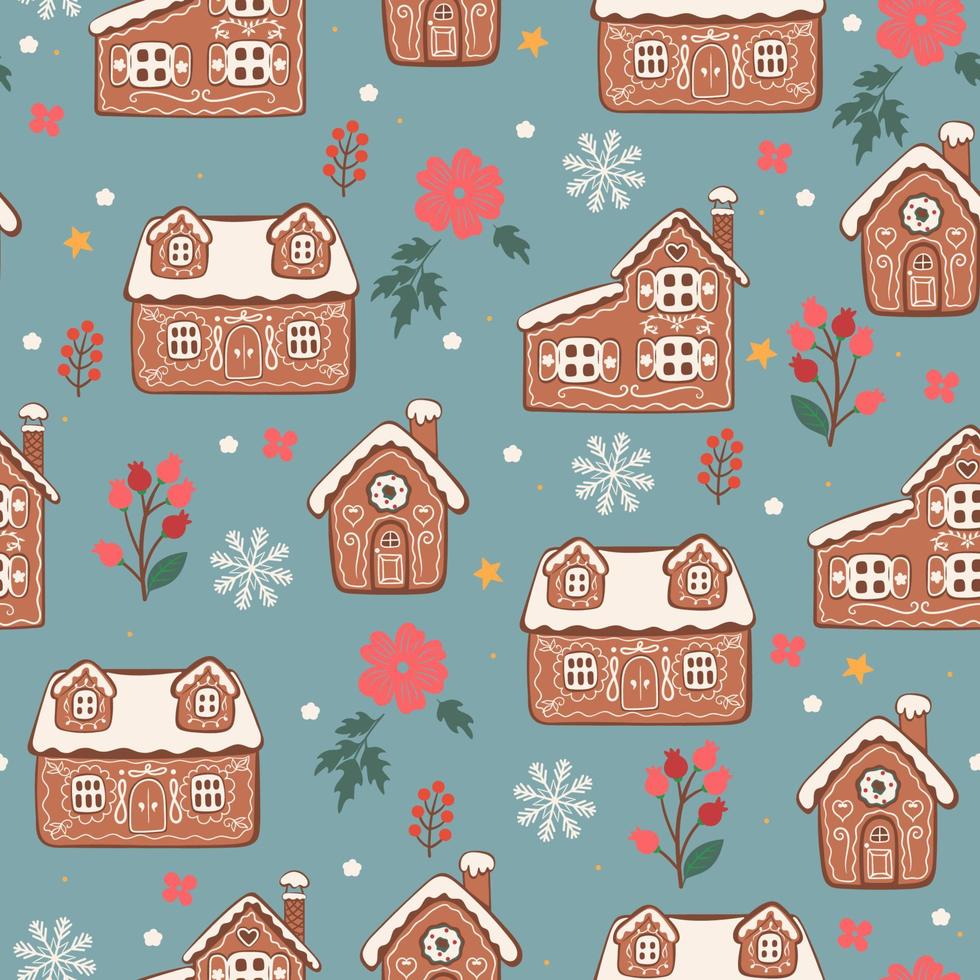 Seamless pattern with gingerbread houses, flowers, twigs and snowflakes. Vector graphics.