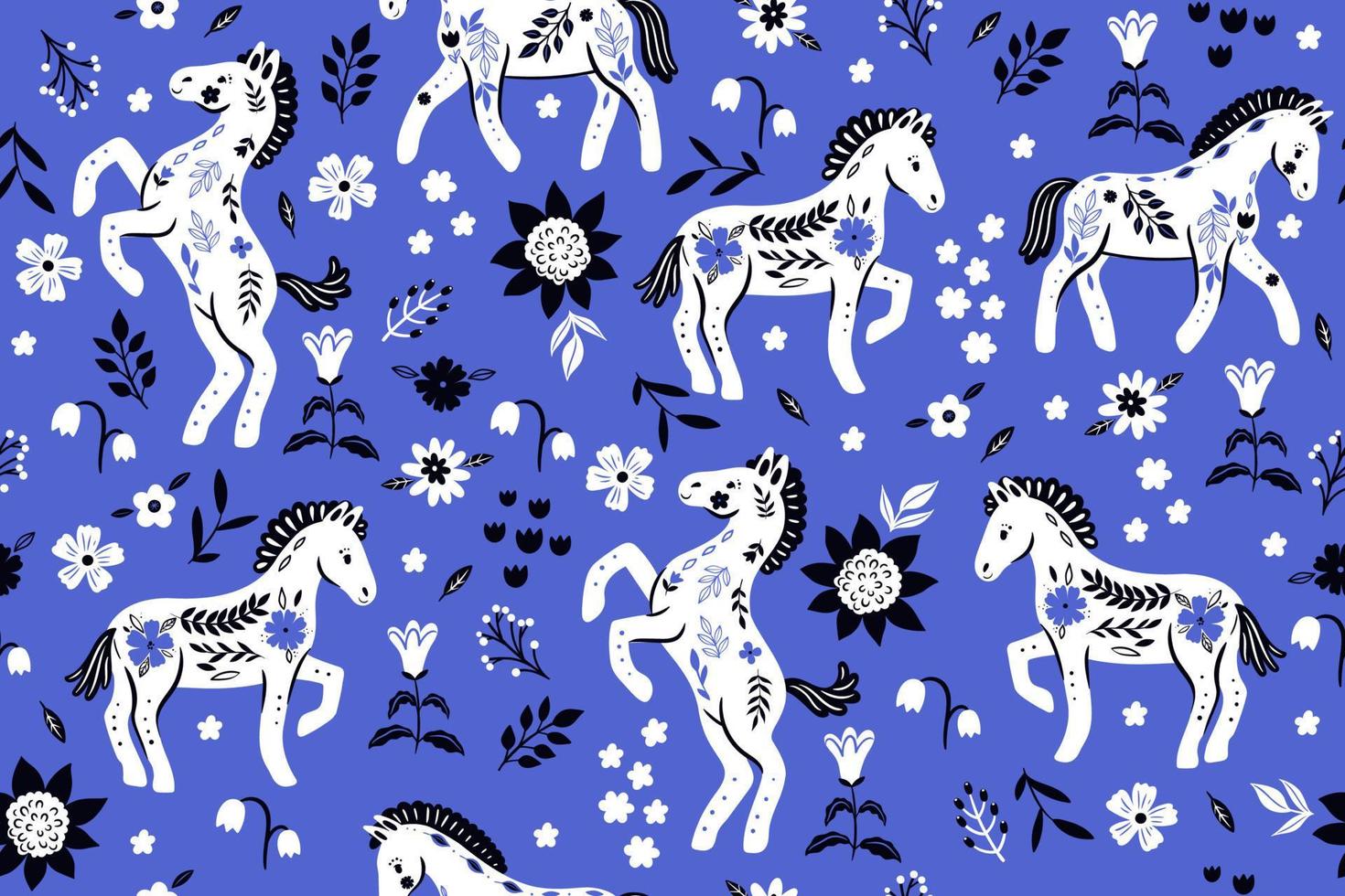 Seamless pattern with horses with floral ornament . Vector graphics.